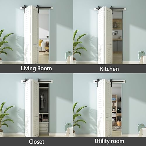 Miniatura 7 de JUBEST Kit de riel de herrajes para puerta corrediza de granero de 40 pulgadas, rodillo negro resistente montado en el lado para 2 puertas, suave y
