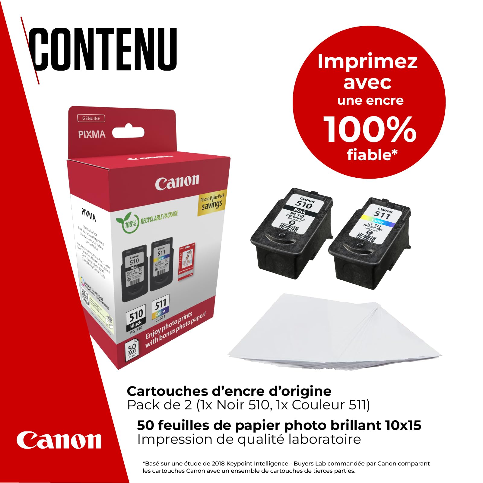 Canon PG-510/CL-511 Value Pack de 2 Cartouches (Noir Couleur) +50 Feuilles Papier Photo 10x15cm Certifié (Carton Recyclable 2024)