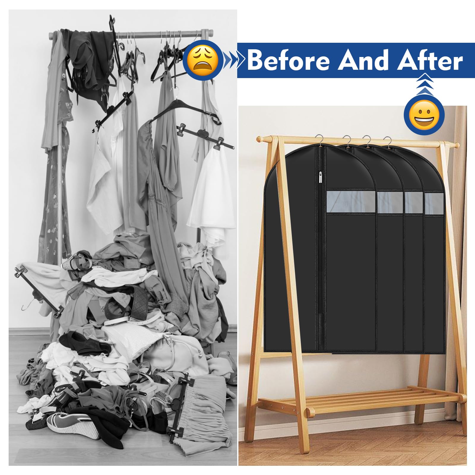6 Stück Kleiderhüllen: 60 x 100 cm, Abdeckhaube, Kleiderschutz, Schutzhülle für Kleidung, staubdicht, wasserdicht, mit Reißverschluss, Kleiderhülle zum Aufhängen für Hemden, Anzüge, Mäntel