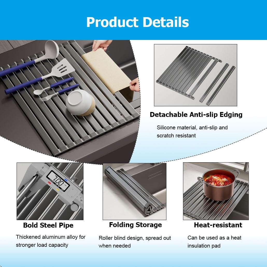 Escurridor de Platos Extensible de aleación de Aluminio para Colocar sobre el Fregadero, Plegable, Antideslizante y Resistente al Calor.