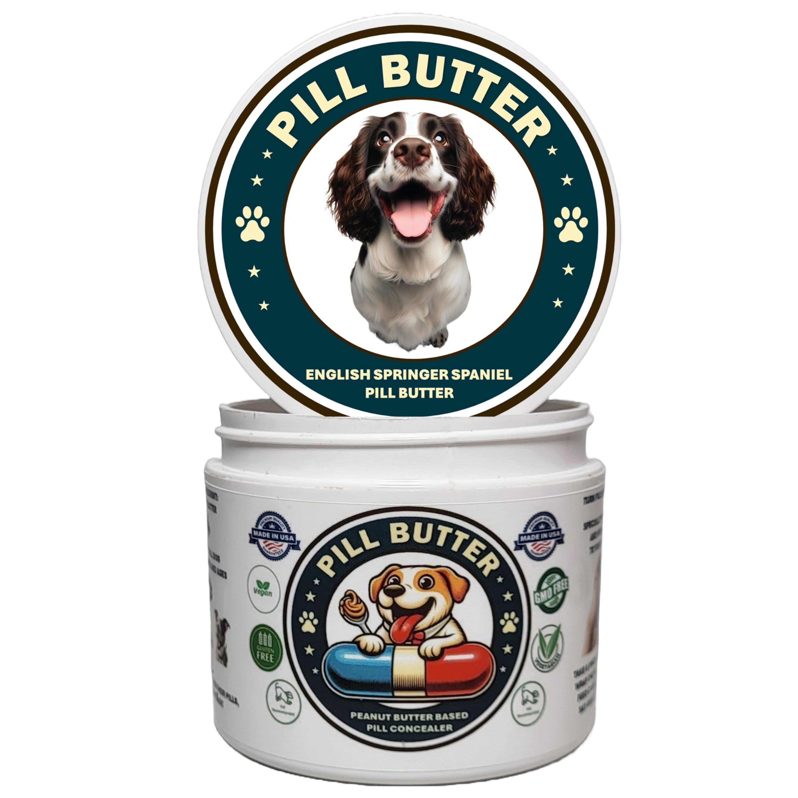 English Springer Spaniel Dog Treats to Wrap Pills (+100 Breeds) Jar of Non-Sticky Moldable Paste Made of Real Human Grade Dog Peanut Butter Treat, Food or Gift to Hide Dogs Pills (60 Servings)