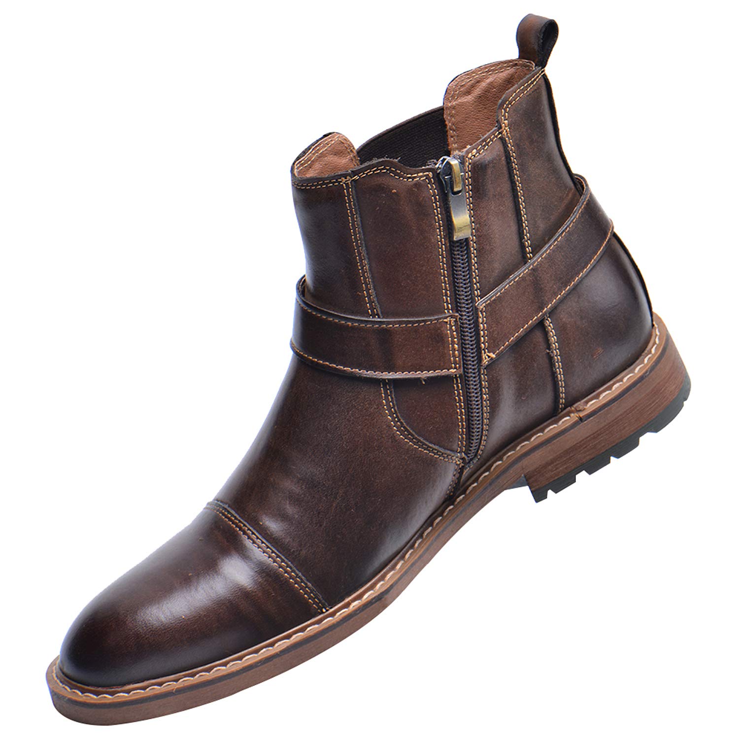 rismart Hombre Cuero Tobillo Botines Chelsea Dedo del pie Gorra Botín Cremallera