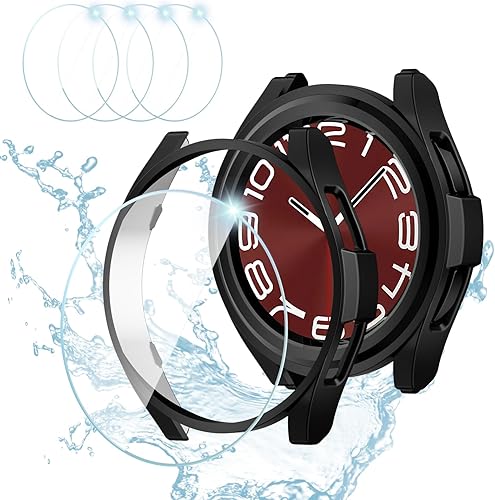 Haojavo Paquete de 2 + 4 fundas protectoras de pantalla para Samsung Galaxy Watch 6 Classic de 1.693 in, 2 unidades de carcasa protectora de