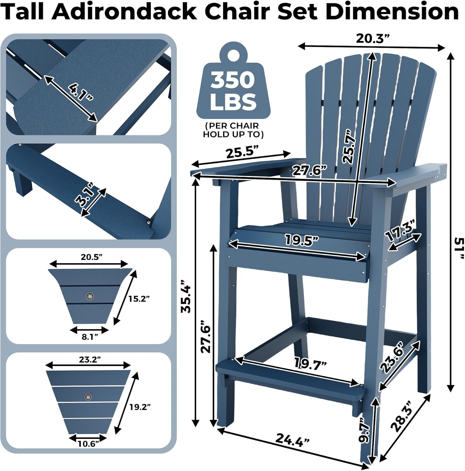 Outdoor Recycled Poly Adirondack Barstools with Connecting Tray, Tall Adirondack Chairs Bar Chairs for Deck, Balcony, Backyard, Patio Bar Stool Chair with High Back Weather Resistant Set of 2