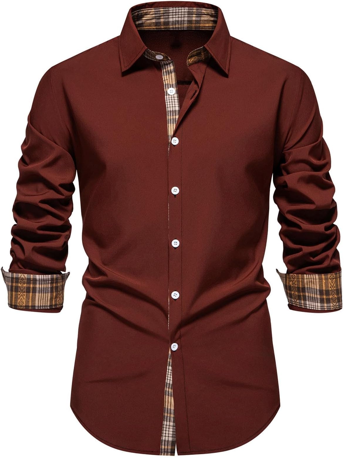 Men's Plaid Patchwork Button Down Shirt, Slim Fit Long Sleeve Lapel Collared Business Casual Dress Shirts