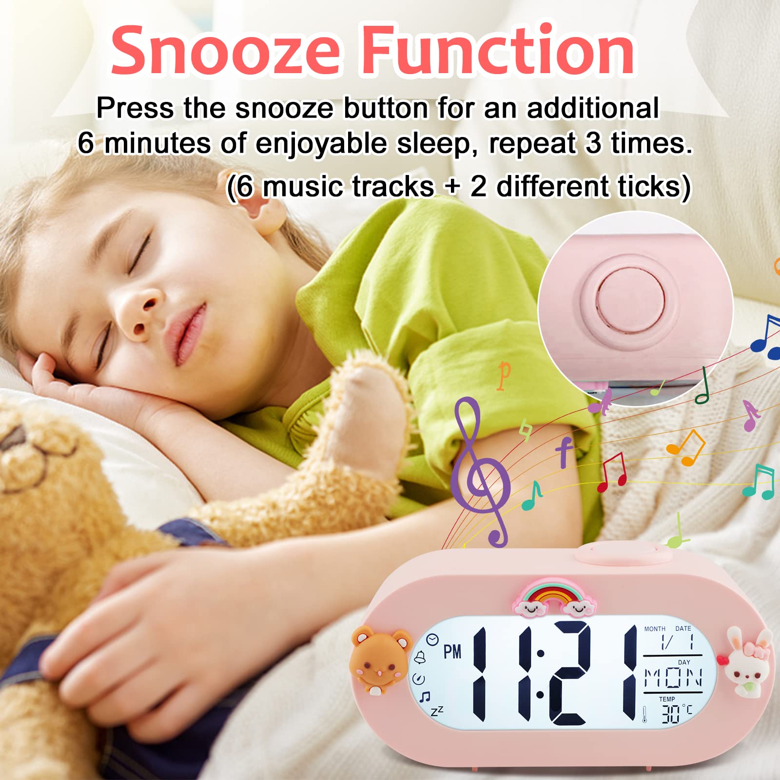 Réveil Numérique Enfant Ayybboo - Avec Motifs Animaux, Snooze Et Thermomètre Intégré