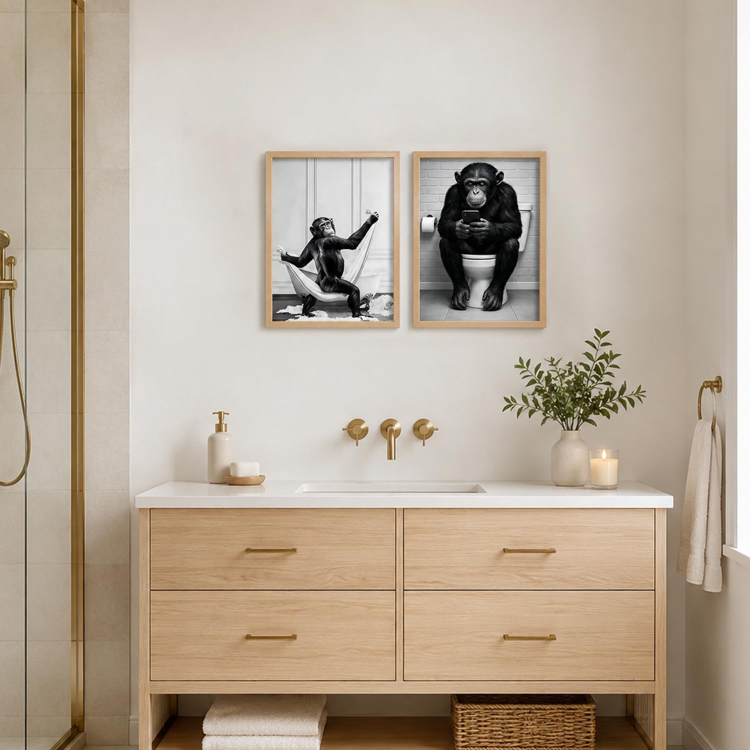 Framed 2 Pcs Bathroom Wall Art Funny Monkey Painting Poster Black And White Canvas Print Fun Animal Picture Bedroom Kids Bathroom Study Country Farmhouse Decor Ready To Hang 8" X 10" image 2