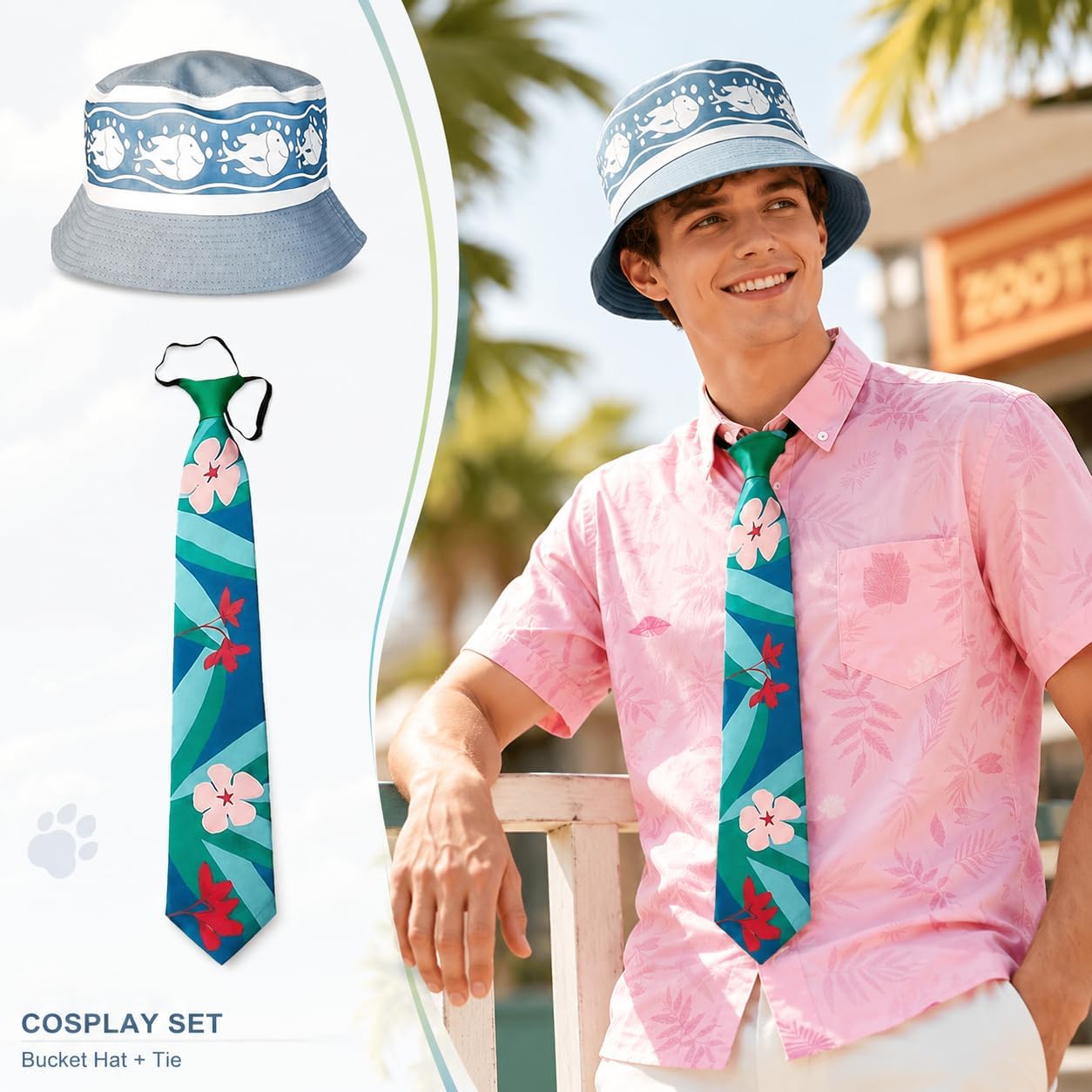 Fox Cosplay Accessories Set for Adults, Hawaiian Floral Necktie & Blue Bucket Hat, Animal Costume Dress-Up Props for Halloween, Theme Parties, Comic Con image 2
