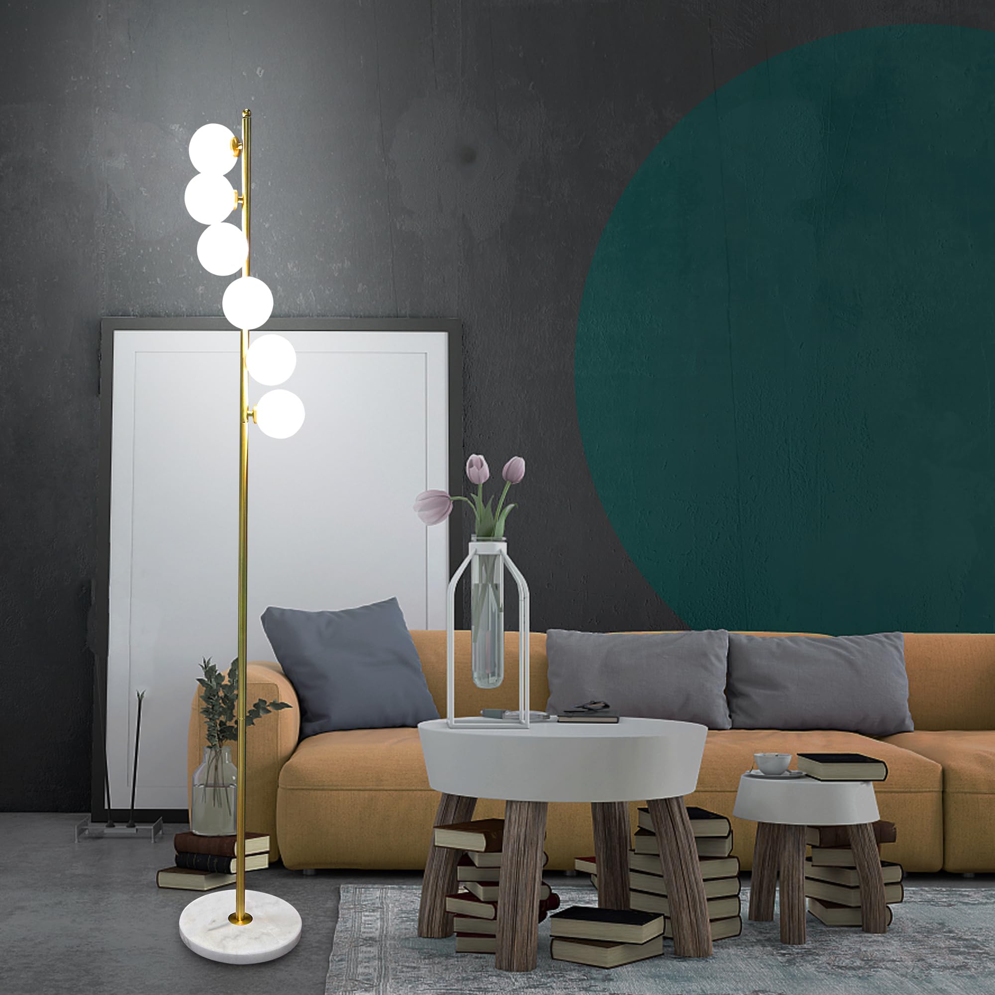 38°GARDEN 6 Globe Floor Lamp, Mid Century Modern Gold Standing Lamps 63� Tall Pole Light Frosted Glass Shade Freestanding Sputnik Ball LED Lighting with Foot Switch for Living Room Bedroom Hotel