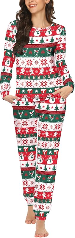 Ekouaer Womens Jogger Pajama Sets in Christmas Fair Isle Print