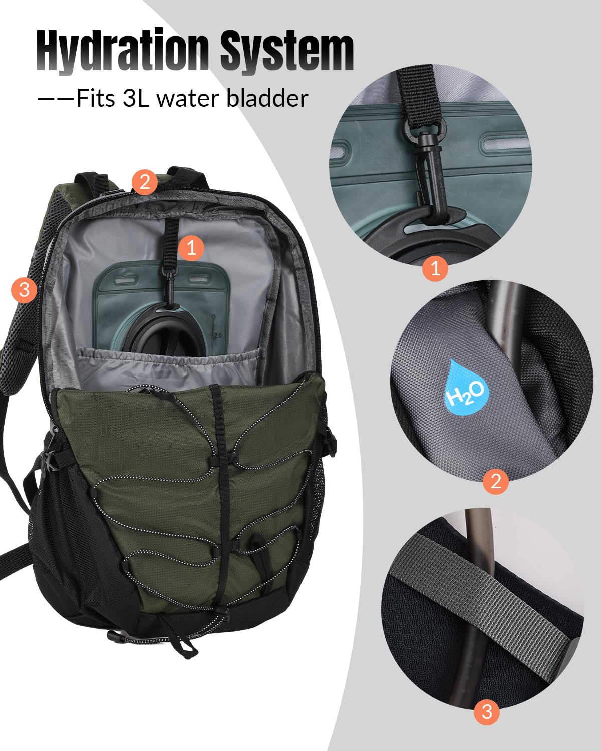 Zaino da trekking impermeabile da 25 l, con cinghia toracica, per uomo e donna, leggero, traspirante, imbottito, da viaggio, escursionismo, Verde scuro, L