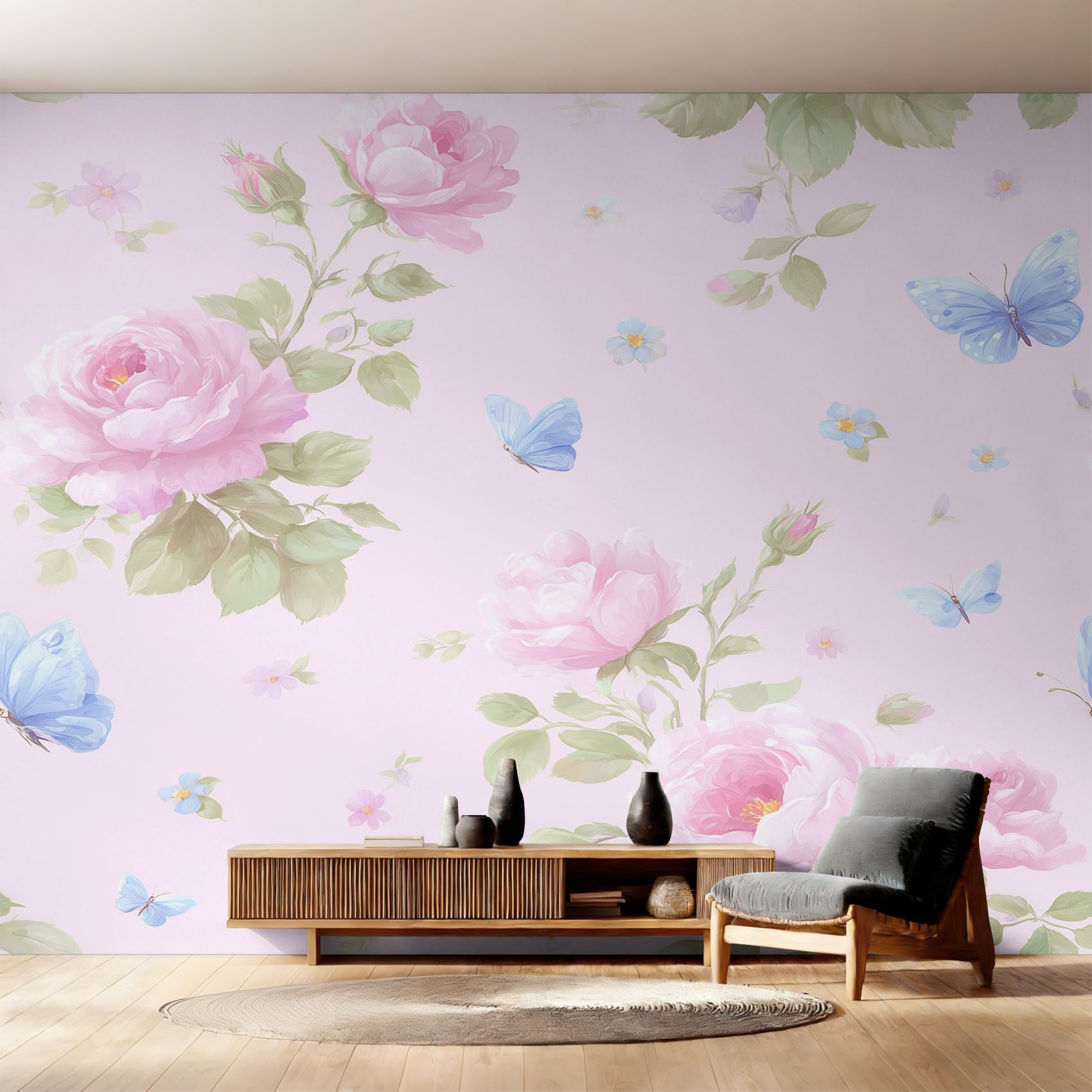 Pink Floral Wallpaper - Butterfly Floral Wall Mural 300x210 cm (W x H), Non-Woven Photo Wallpaper Mural for Bedroom, Living Room, Hallway, Home Decor Y&W60 โ image 1