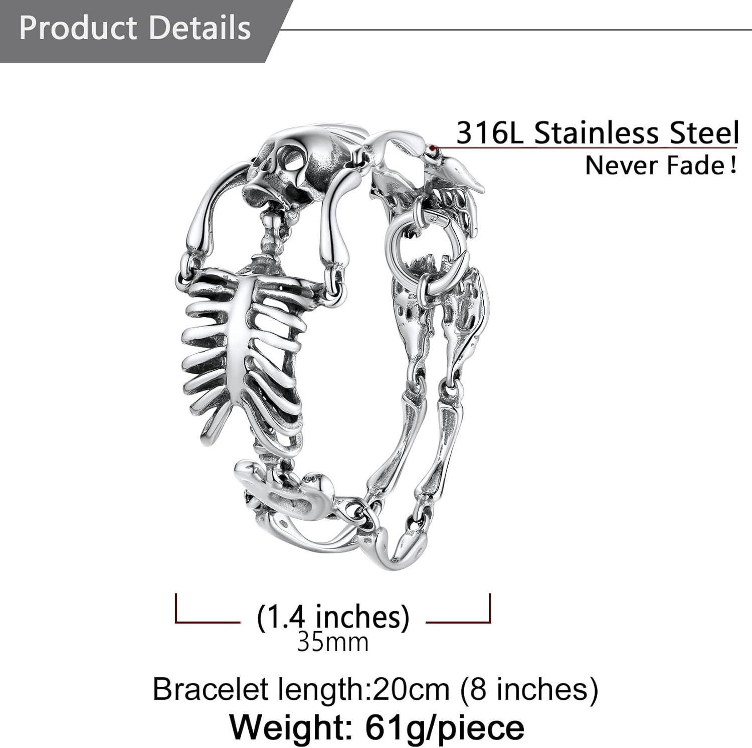 U7 Gothic Skull Bracelets for Men Women, Stainless Steel/18K Gold Plated/Silver Black Punk Skeleton Head Chain Bracelet Party Accessories for Rapper Biker - Image 6