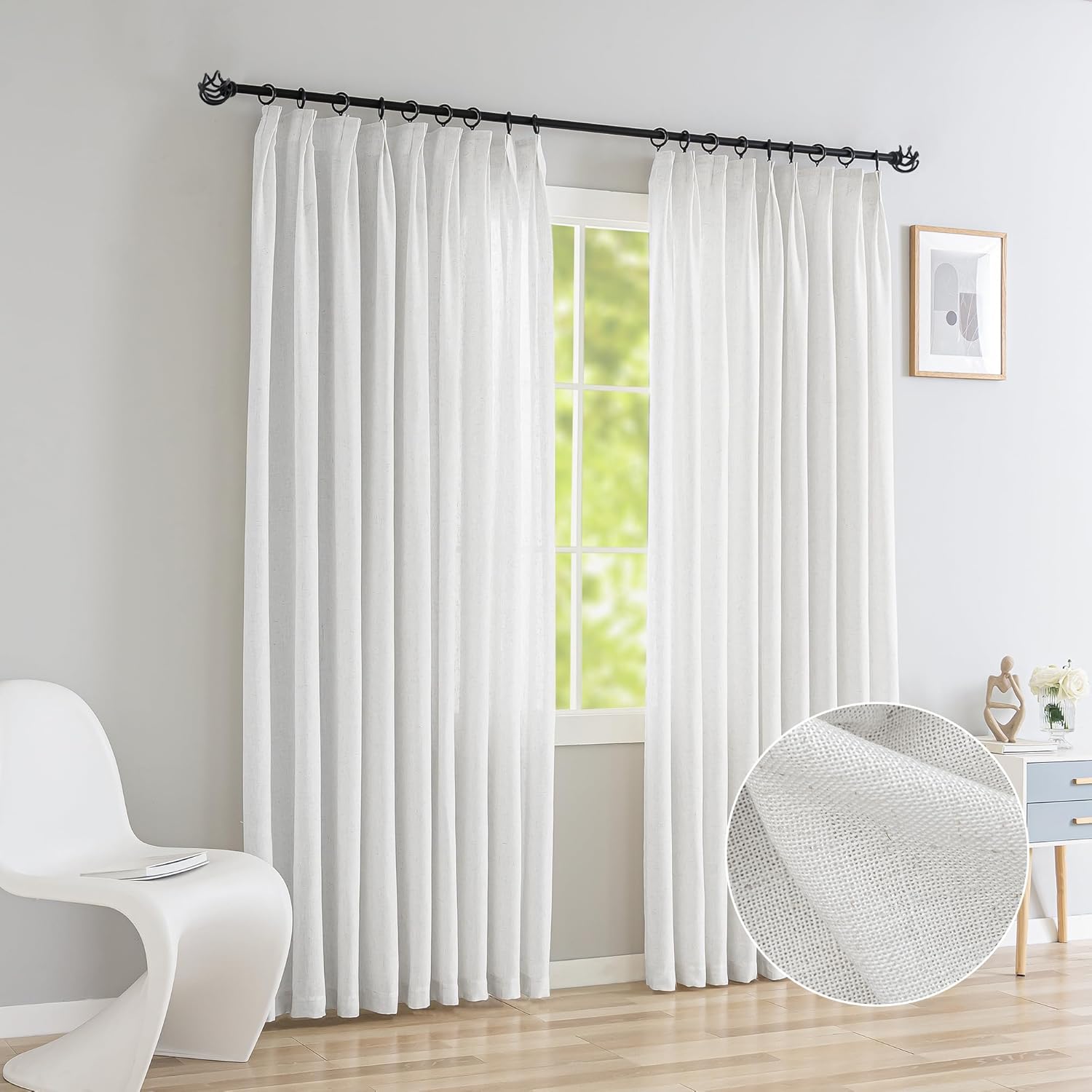 Pinch Pleated Curtains Light Filtering Faux Linen Curtains, Semi Sheer Curtains Pinch Pleated Drapes for Living Room Bedroom, 100 W x 84 L Inch Easy Hanging with Hooks (1 Panel, White)