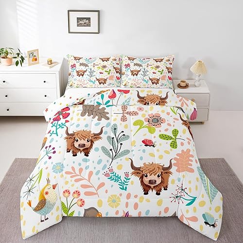 Erosebridal Floral Highland Cow Comforter Set for Kids Twin Cute Highland Cattle
