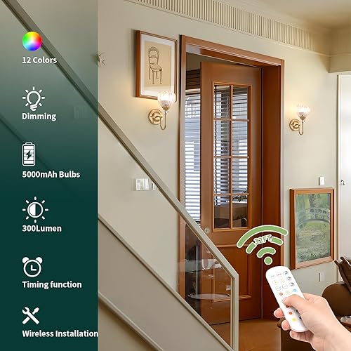 Miniatura 2 de Juego de 2 apliques de pared vintage a pilas, lámpara de pared recargable con batería de 5000 mAh y control remoto, luces de pared regulables con