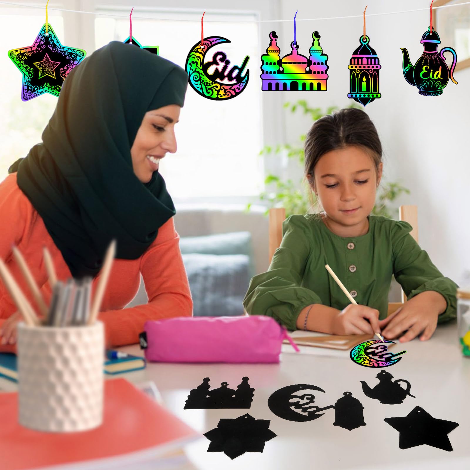 FEBSNOW 48 PCS Ramadan Crafts for Kids, Magic Rainbow Scratch Art Paper Cards for Kids Ramadan Gifts Eid School Classroom Activities Project Ramadan Eid Party Favors Hanging Ornaments