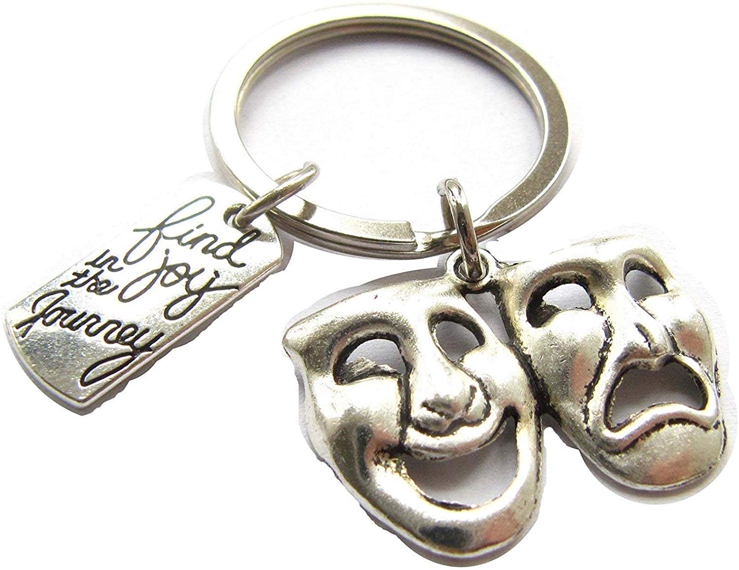 Keychain Men's Ancient Silver Find Joy In The Journey Comedy Tragedy Mask Theatre ,Gift For Mom, Gift For Teen (10)