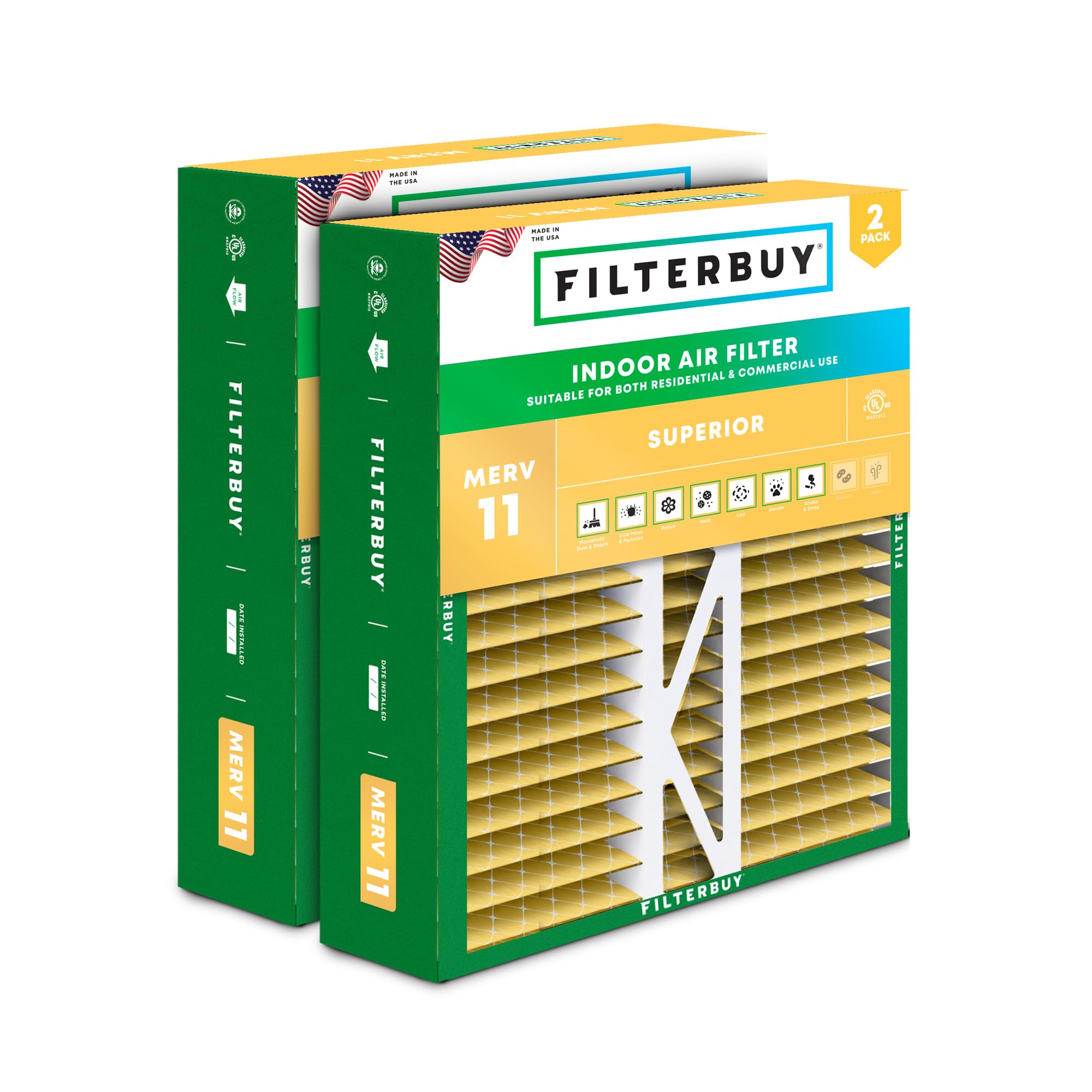 Filterbuy 16x22x5 Air Filter MERV 11 Allergen Defense (2-Pack), Pleated HVAC AC Furnace Air Filters Replacement for Amana, Coleman, Goodman, York, and More (Actual Size: 15.38 x 21.88 x 5.25 Inches)