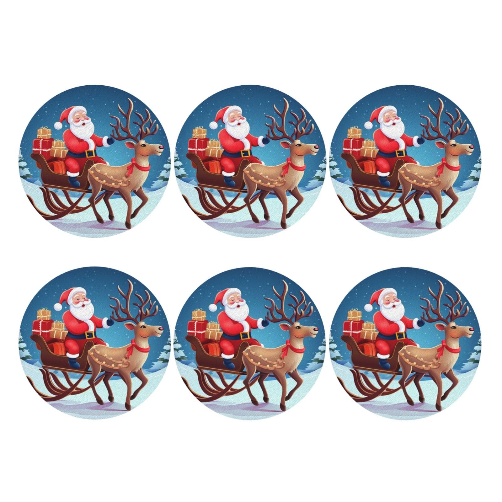 6pcs Leather Coasters for Drinks, Christmas Santa Deer Drink Coasters for Tabletop Protection, 4" Cup Coasters for Coffee Table Decor, Non-Slip Drinking Cup Mat for Hot Or Cold Drink