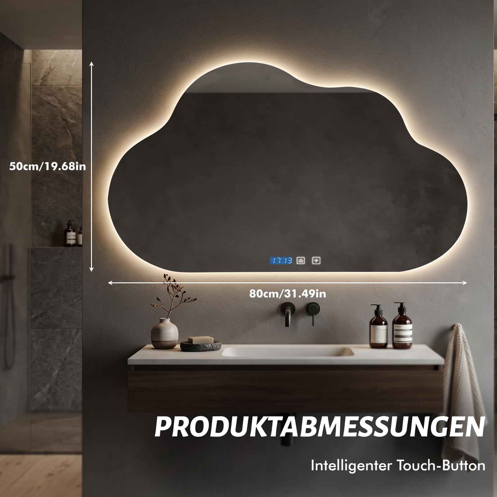 Badspiegel mit Beleuchtung, 60x80cm LED Badezimmerspiegel mit Beleuchtung, Intelligenter Spiegel mit dimmbarer Farbtemperatur, Echtzeit Zeitanzeige & Temperatur, IP44 Beschlagfrei, Wandmontage