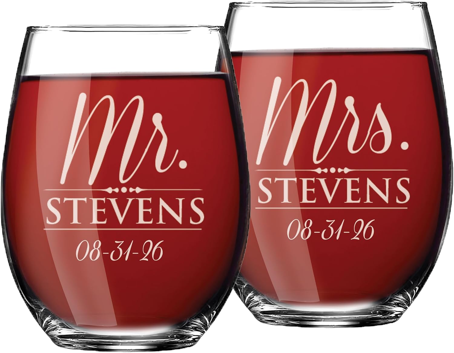 My Personal Memories Set of 2 Mr and Mrs Personalized Stemless Wine Glasses - Engraved Custom Monogrammed Glassware Gifts