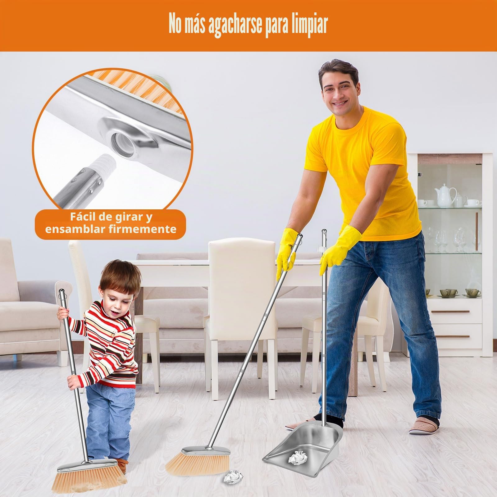 Juego de escoba y recogedor con mango largo, 118 cm, acero inoxidable, barredora y recogedor, pala vertical, limpieza hogar, oficina, porche, terraza