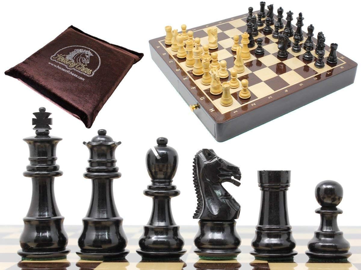 House of Chess - Ebony Wood/Boxwood Chess Set Pieces Galaxy Staunton 3" (76 mm) with 15" x 15" Wenge Wood Board + 2 Extra Queens, 4 Extra Knights & 2 Extra Pawns