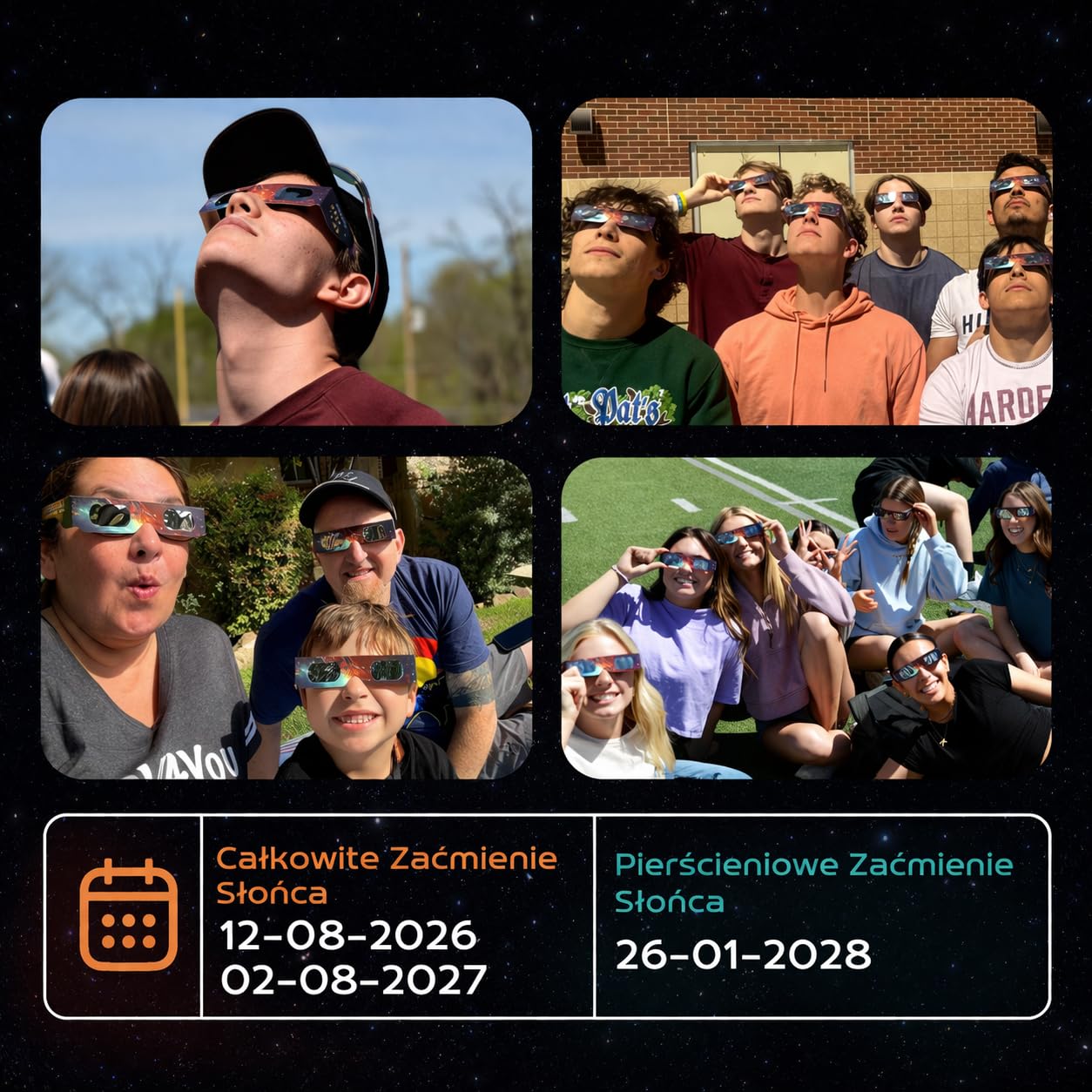 Okulary do oglądania zaćmienia Słońca Helioclipse 6 szt. 2026 - Przeznaczone do bezpiecznego oglądania zaćmienia Słońca - Zestaw 6 szt. - Bonus 1x filtr do telefonu