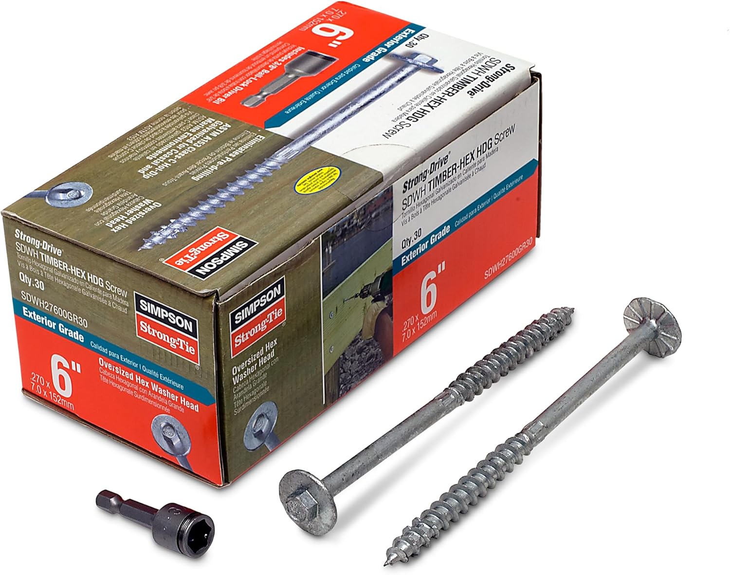 Simpson Strong-Tie SDWH27600GR30 Strong-Drive SDWH Timber-HEX HDG Screw 0.276 in. x 6 in. 3/8 Hex (30-Qty)