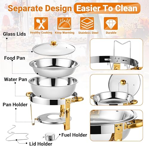 Miniatura 3 de Juego de 4 platos para bufé, platos redondos de 5 cuartos de galón para buffet con tapa de vidrio y soporte de tapa, juego de chafers de acero