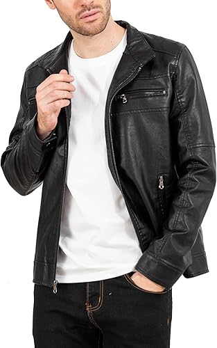 Miniatura 3 de VICALLED Chaqueta de cuero para hombre Slim Fit Stand Collar PU Chaqueta de motocicleta ligera