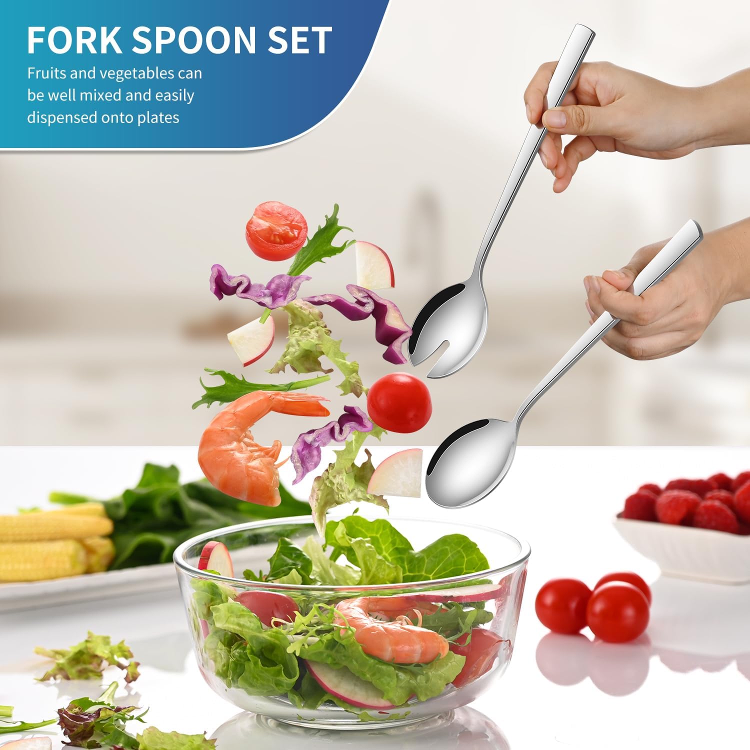 Salad Serving Utensils, 9.4 Inch Long Salad Spoon And Forks Serving Set of 2, Stainless Steel Salad Server Set For Kitchen Tools