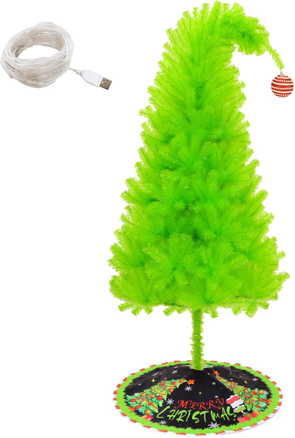 Grinchie​ Christmas Tree 6ft, Top Curved 6ft Upright 7ft Lime Green Xmas Tree with Tree Skirt, Easy Setup Whimsical Artificial Christmas Tree for Christmas Decorations