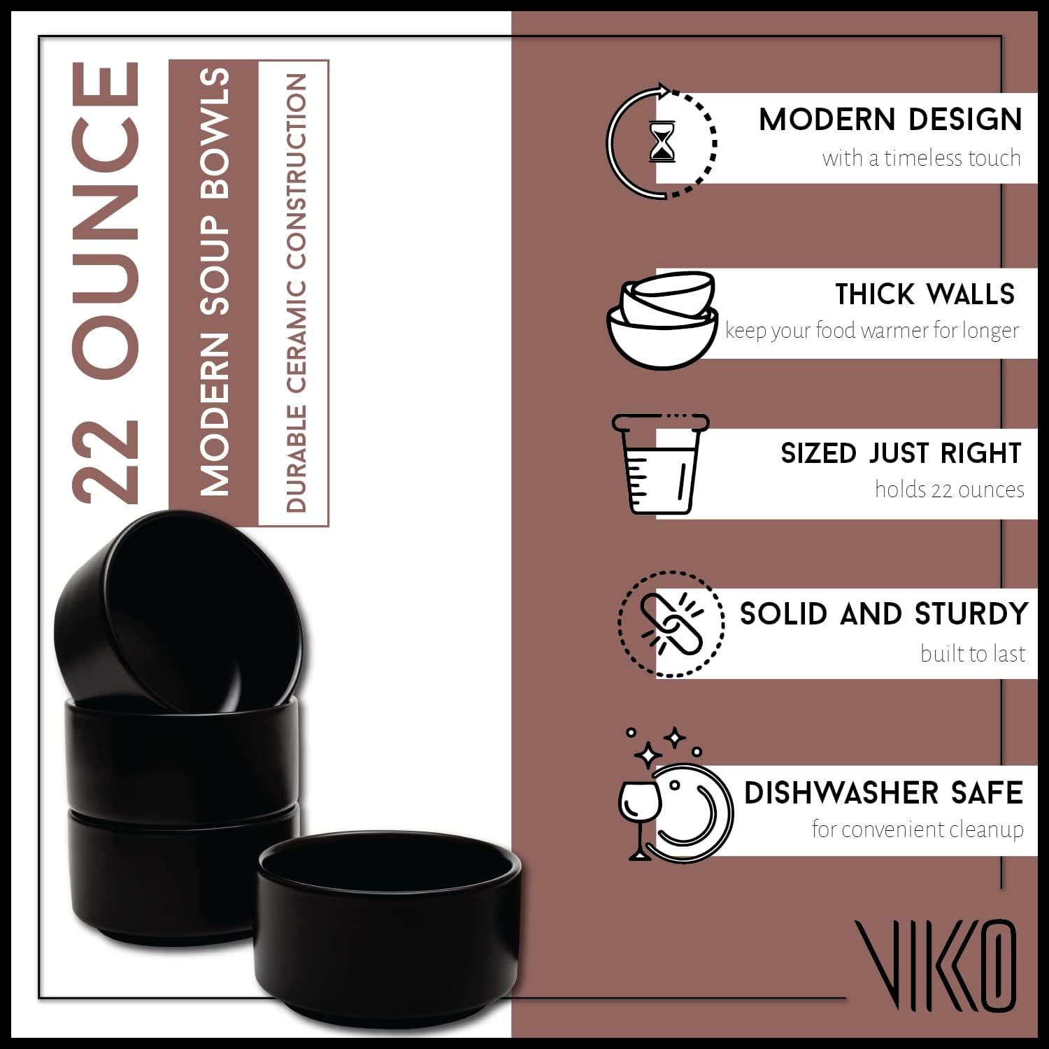 Vikko Modern Soup Bowls, Set of 4 Black Matte Porcelain Bowls, Large Size 22 oz Elegant Restaurant Style Soup Bowl Set, Microwave and Dishwasher Safe