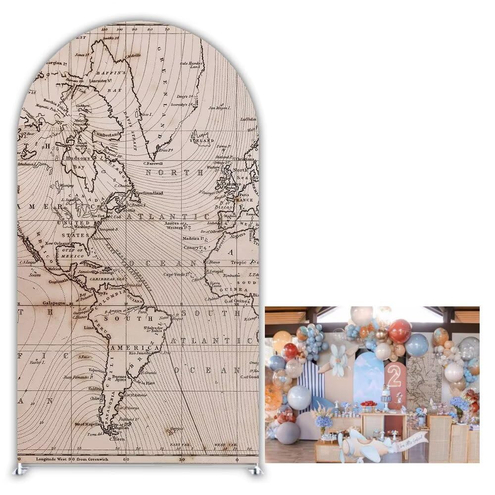 Adventure Travel Map Arch Backdrop Cover For Boys Airplane Awaits Begin Birthday Party Decorations Arch Stand Stretchy Covers Baby Shower Parties Props (3x6ft,G-3421