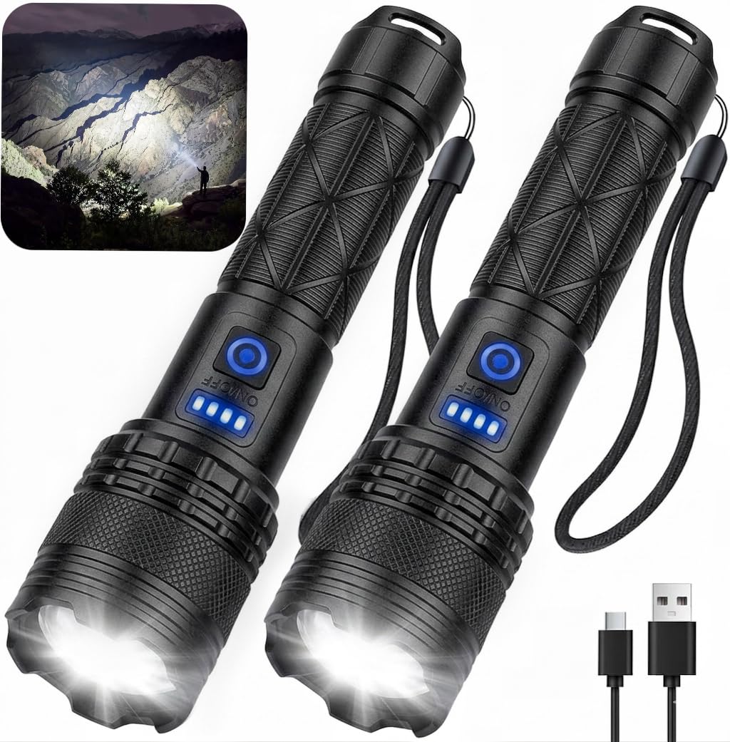 Lot de 2 lampes de poche rechargeables 99 000 lumens haute luminosité avec 5 modes d'éclairage, lampe torche puissante pour la maison, le camping