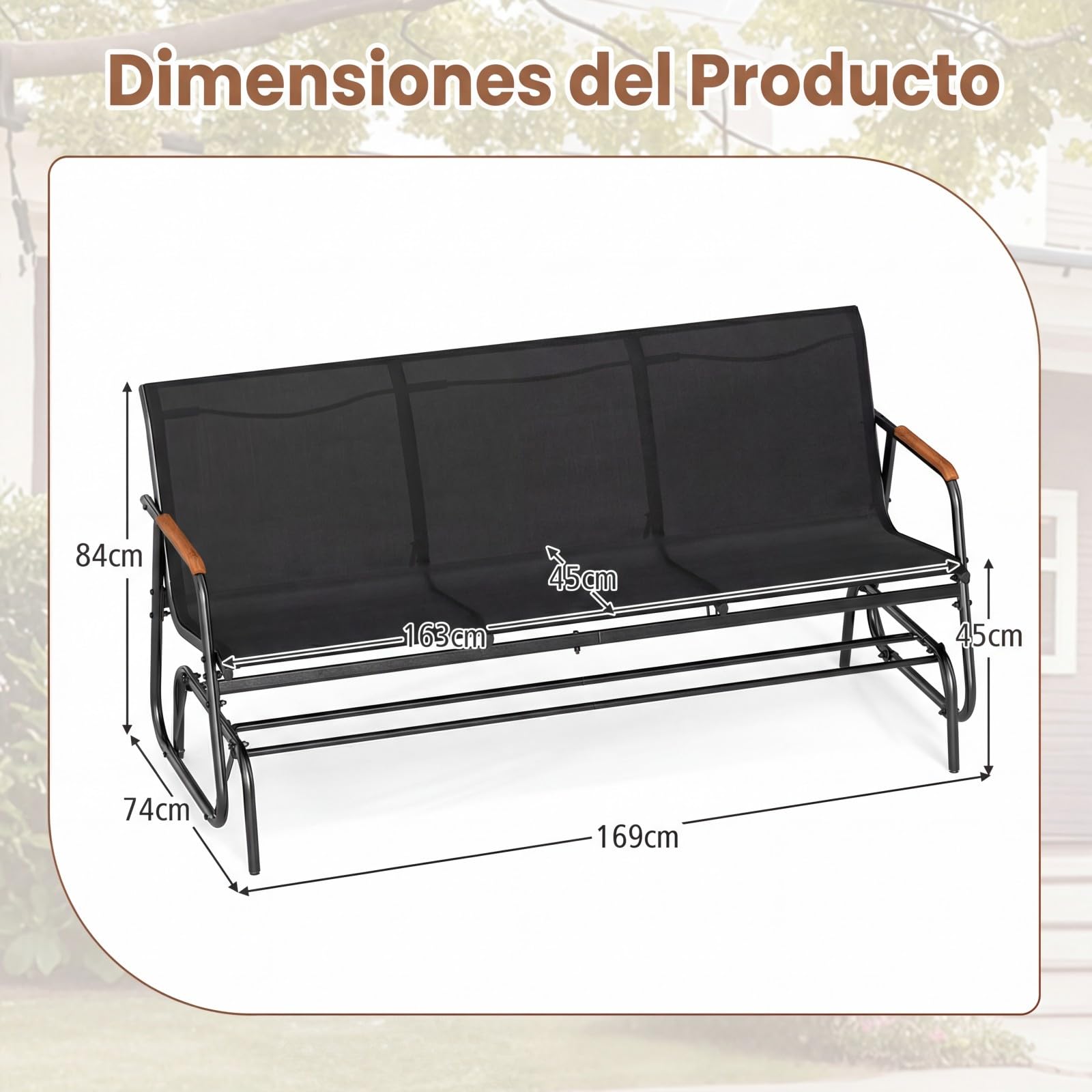 COSTWAY Banco Balancin de 2/3 Plazas, Banco Deslizante con Asiento Largo y Reposabrazos Curvos de Teca, Tela Transpirable, Jardin Terraza Exterior, Carga 300/450kg (Negro,74 x 169 x 84 cm)