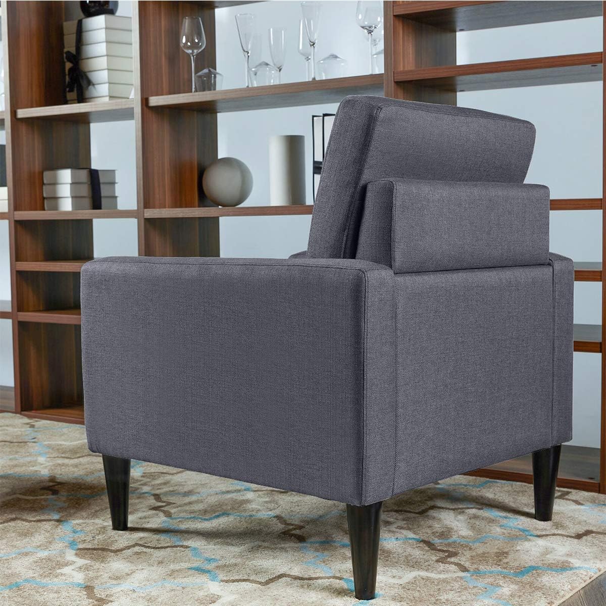 Modern Accent Chair, Living Room Arm Chairs, Single Sofa Upholstered Comfy Fabric Mid-Century Modern Furniture for Bedroom Office, Living Room, Dark Grey