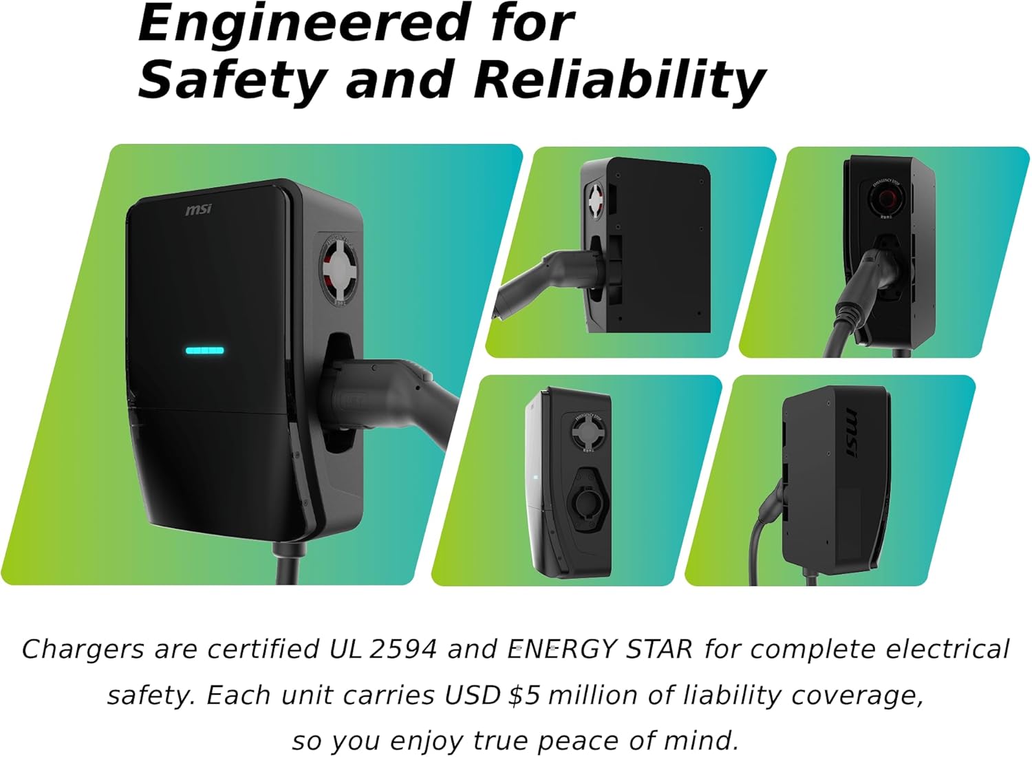 MSI EV Life Type 1 (J1772) NEMA 14-50, Level 2 Charger, 240V, 40A, 9.6KW, IP55 Rated-Water and dust Resistant, IK08 Impact Resistant, UL2594 Certified, Energy Star, 5 Years Warranty