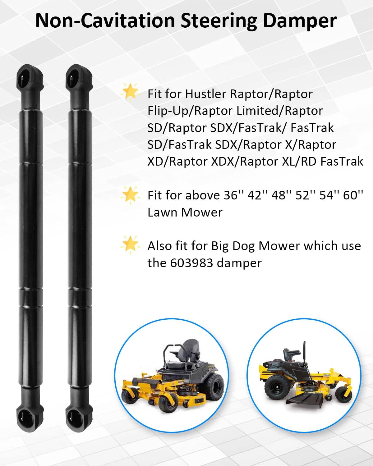 2Pack Steering Damper Shock Absorber Gas Shock Part Fit for Hustler Raptor SD SDX X XD XDX Flip-Up Limited FasTrak Big Dog & More Mower Models Riding Mower Steering Control Dampers Replace #603983