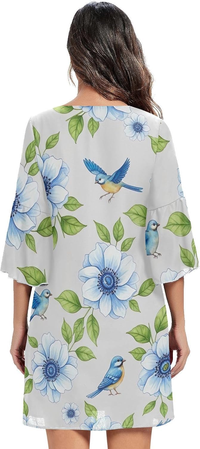 Flowers Leaves Birds Blue Casual Chiffon Dress Printed Line Maternity Dress