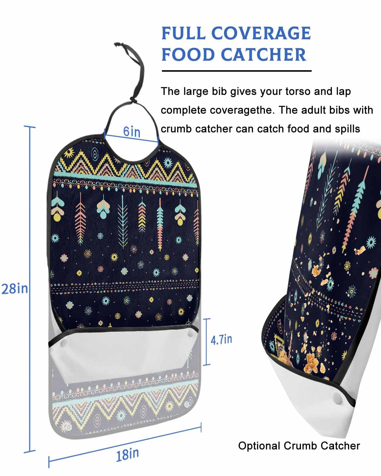 LEOKOTI Yellow Teal Pink Adult Bibs for Eating, Waterproof Bibs with Food Catcher & Adjustable Snap Closure, Geometric Abstract Art Cream Black Washable Clothing Protectors Adult Bibs for Elderly