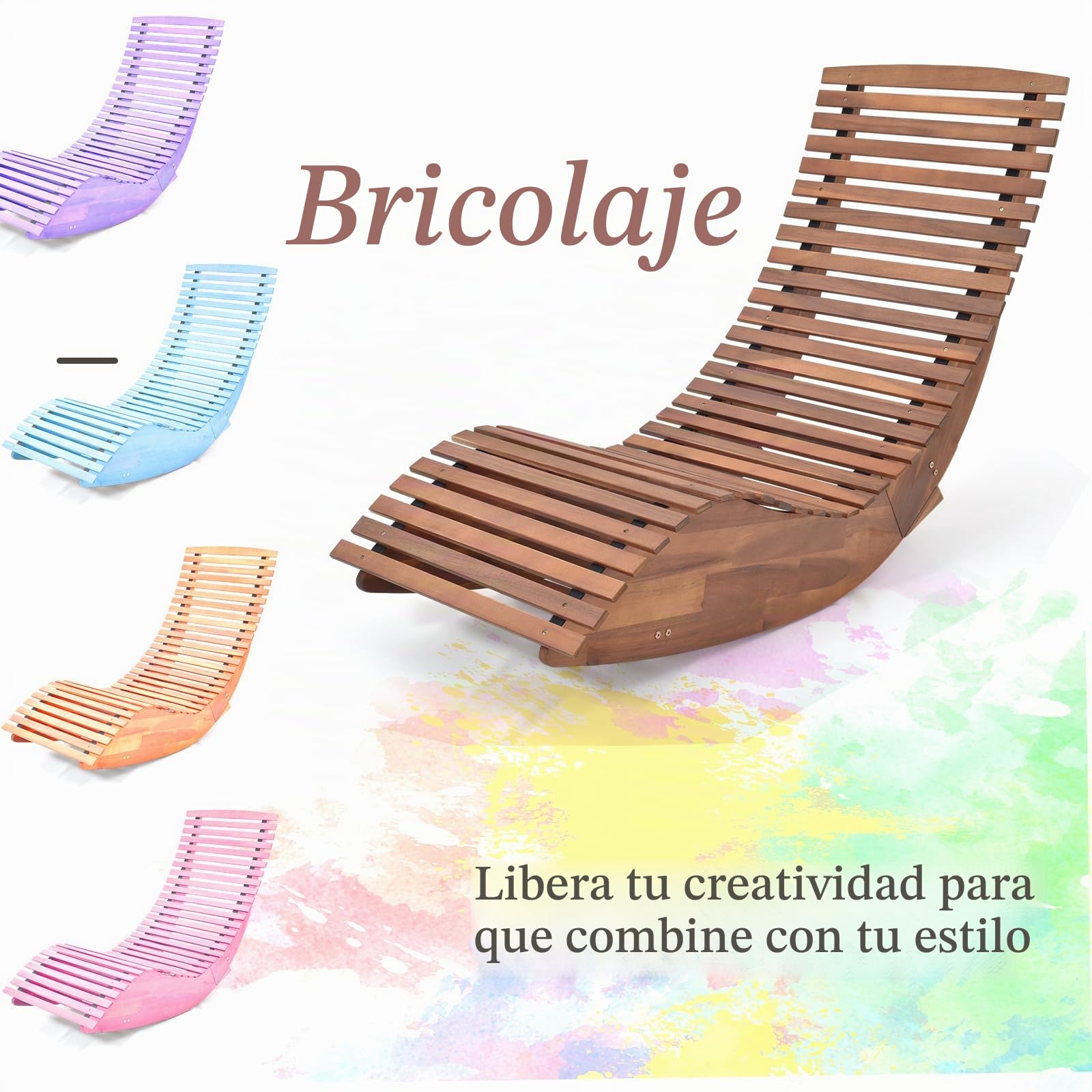 KOMFOTTEU Juego de Tumbona Mecedora de Madera de Acacia, Tumbona de Jardín de Listones con Carga 160 kg, Silla Mecedora Baño de Sol, para Patio, Terraza, Piscina, 157 x 60 x 76 cm (1)