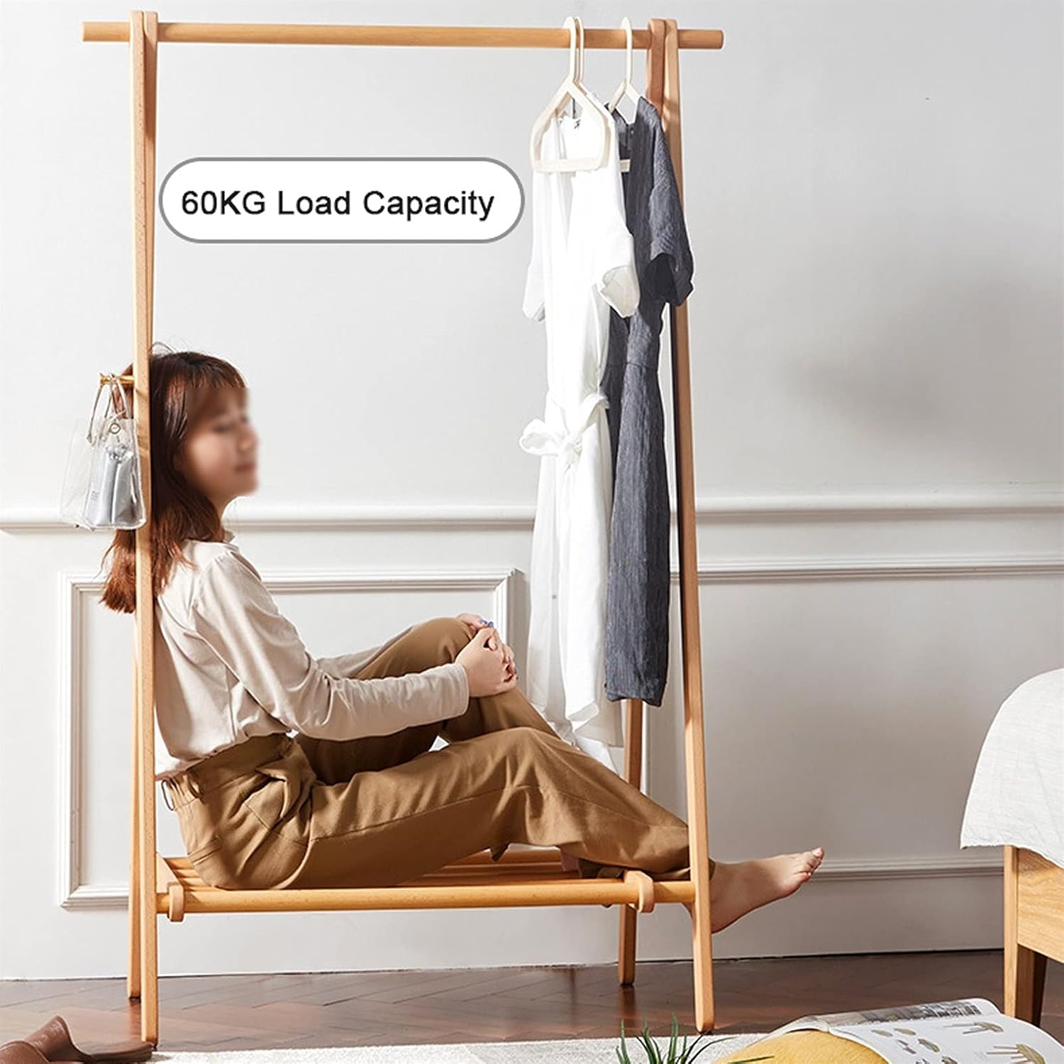 Floor-Standing Solid Wood Rotating Coat Rack，Heavy Duty Modern Beech Wooden Clothes Rail & Grid Shelf - 95cm Garment Display Stand with Bag Hooks - Stylish Clothing Rack for Home & Retail