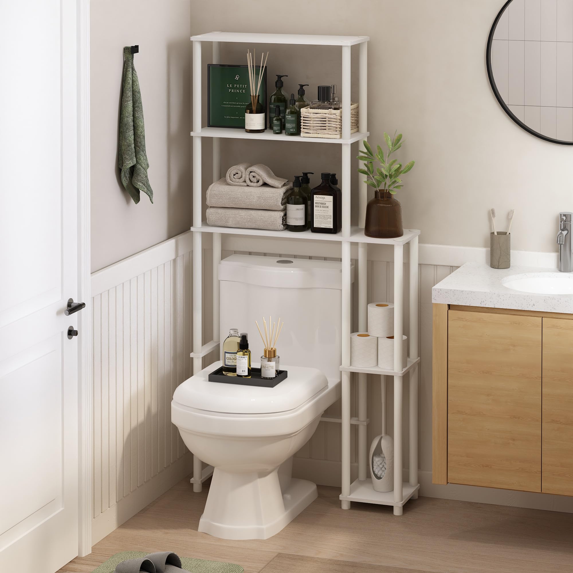Furinno Turn-N-Tube Estantería De Baño Independiente para Ahorrar Espacio con 5 Estantes para Colocar sobre El Inodoro Color Blanco