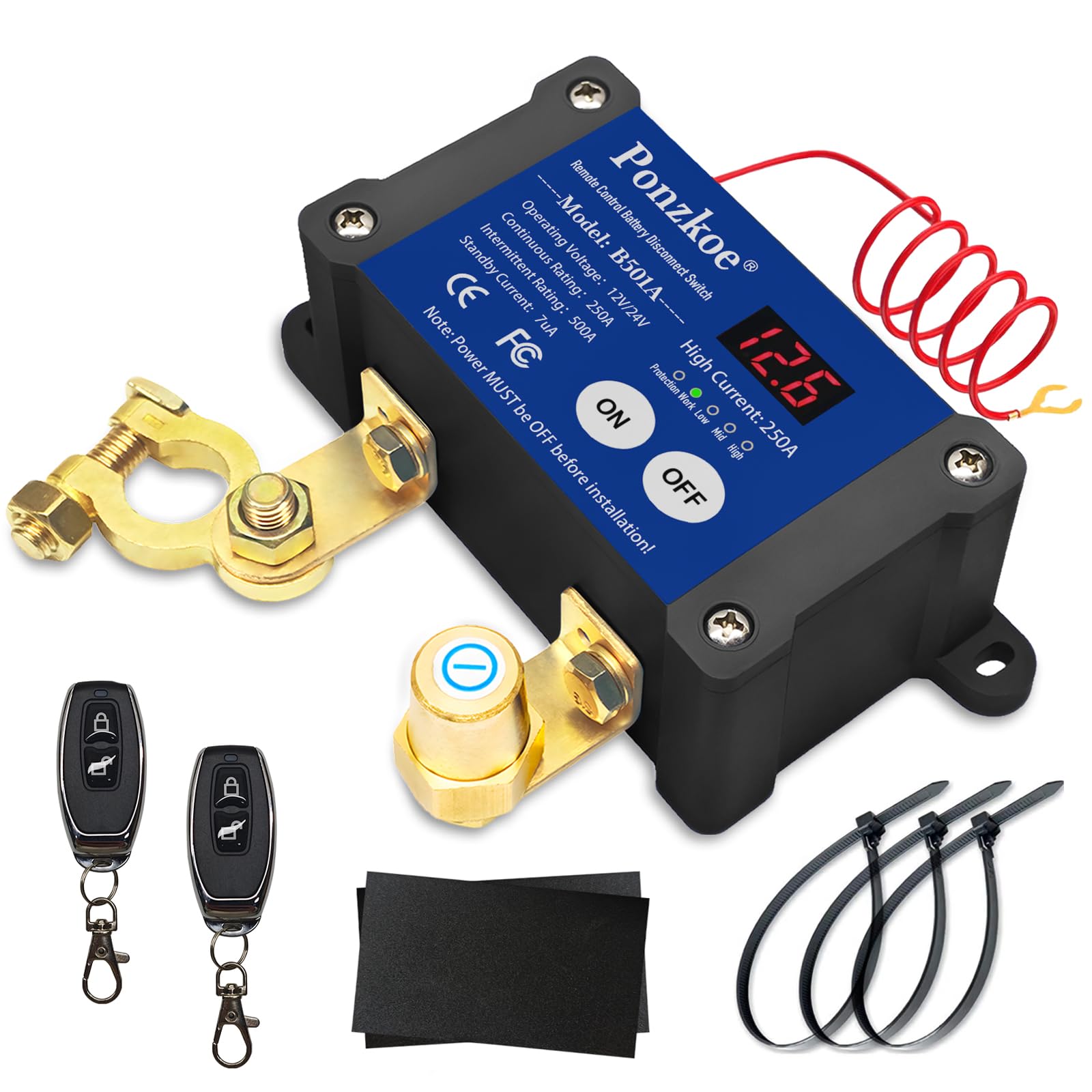 250A Smart Remote Battery Disconnect Switch 12V 24V - Quick Kill Switch for Car Anti-Theft Battery Cut Off