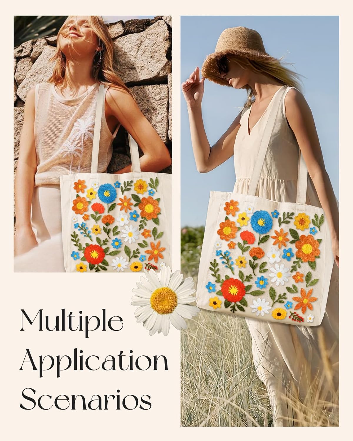 Embroidery Canvas Tote Bag for Women - Reusable Totes with Pocket & Buckle Aesthetic Cute Grocery Shoulder Bag - Image 6