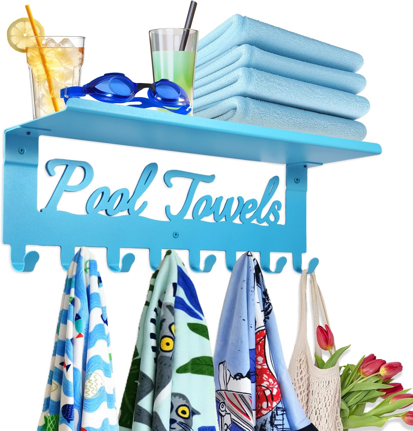 Blue Outdoor Pool Towel Rack with Shelf Pool Decor Wall Hooks Towel Holder Carbon Steel Hanger Organizer Pool Accessories for Hanging Towels, Robes, Clothes, Swimming Suit, Bags, Keys