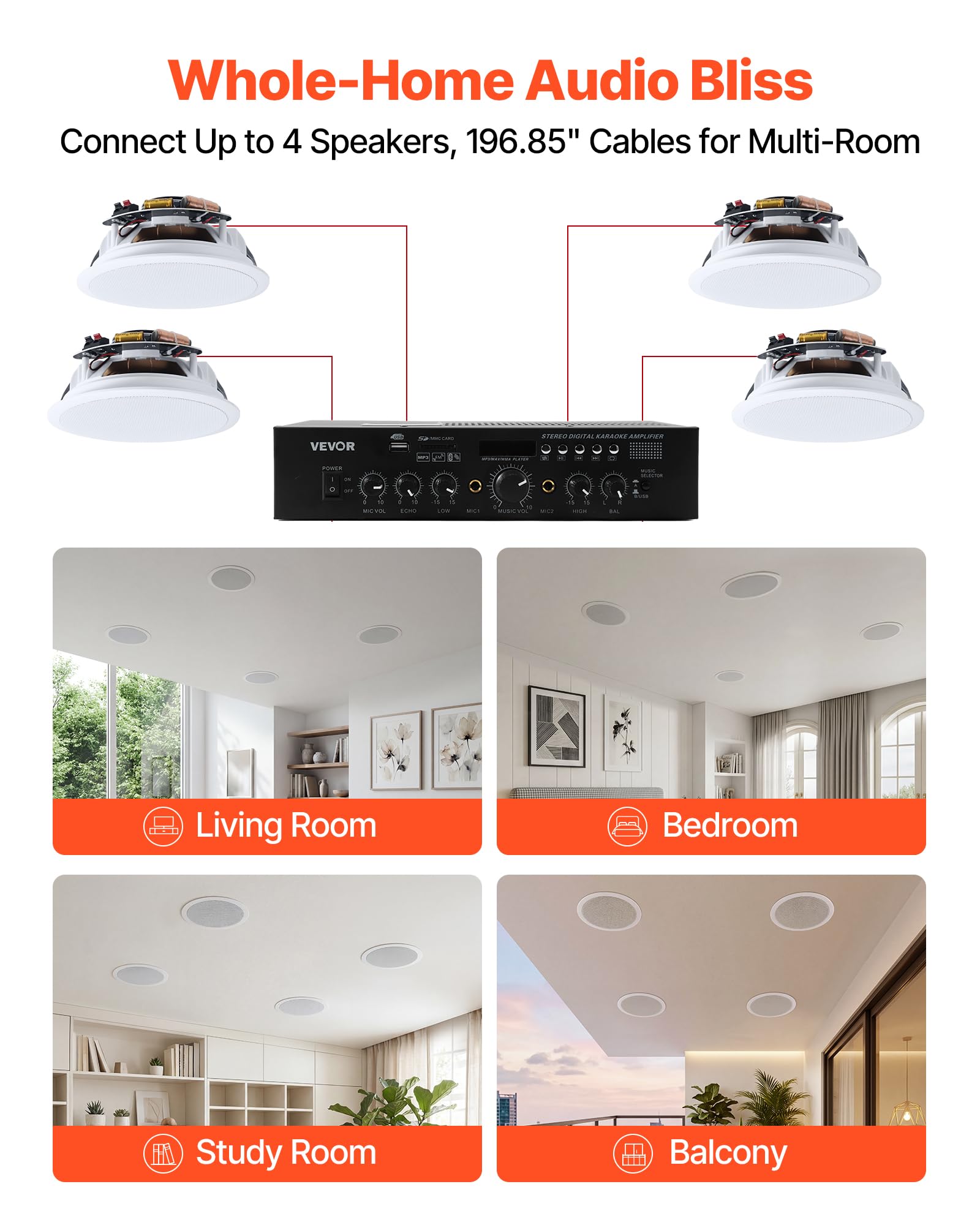 VEVOR Altavoces de Techo 165,1 mm 4 Piezas, Sistema de Altavoces para Techo con Amplificador y Bluetooth, Montaje Empotrado con Cable, para Sala de Estar, Cine en Casa, Comedor, Balcón Cubierto